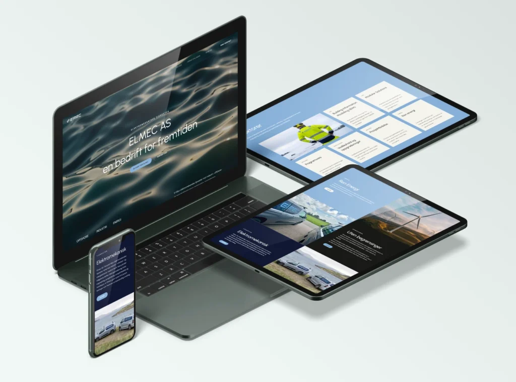 Elkem EAMS digital plattform på laptop, nettbrett og mobil for miljøvennlig energistyring.