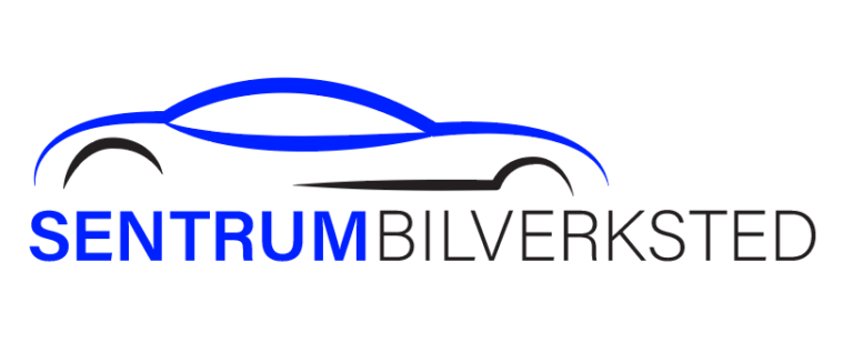 Robust bilverksted logo med bilillustrasjon og tekst i blått og svart.