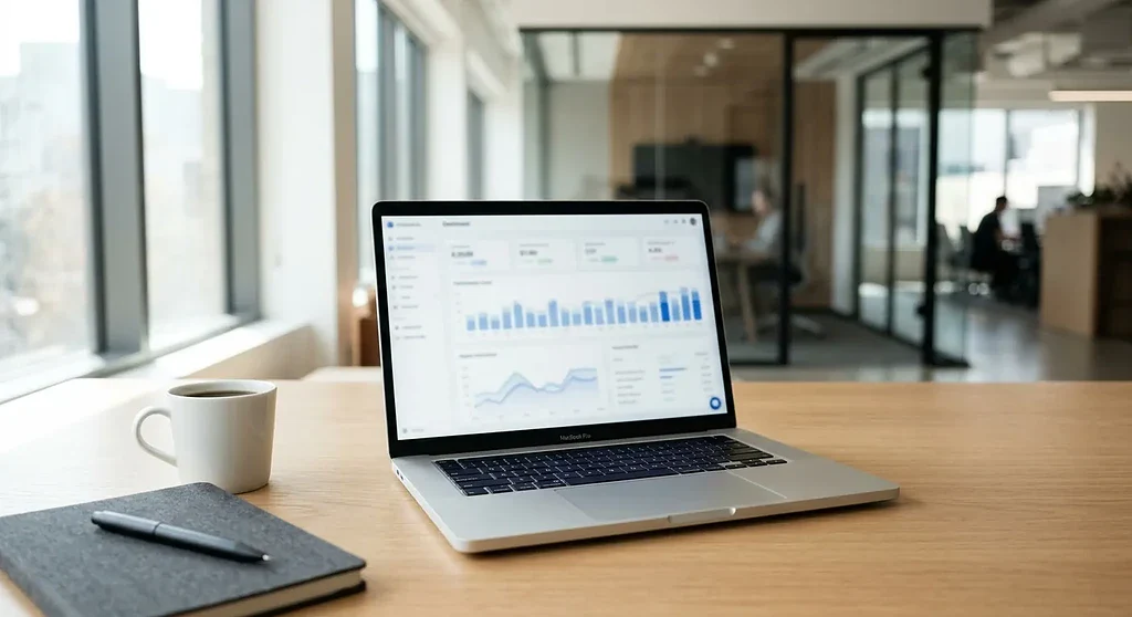 Laptop med grafikk og dataanalyse i moderne kontorlandskap.