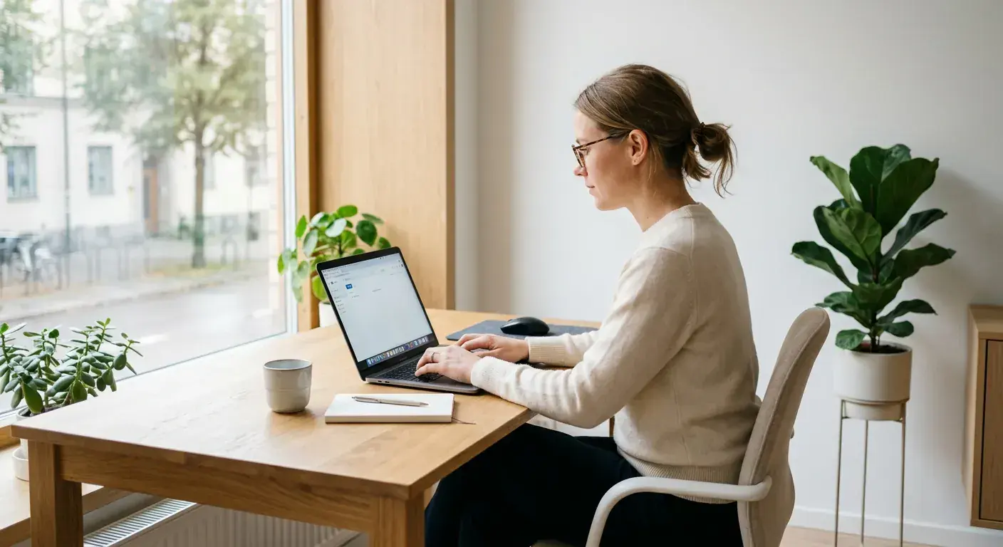 En moderne markedsfører som sitter foran to store dataskjermer som viser komplekse grafer, brukeradferdskart og Google Analytics-dashbord i et lyst, skandinavisk kontorlandskap