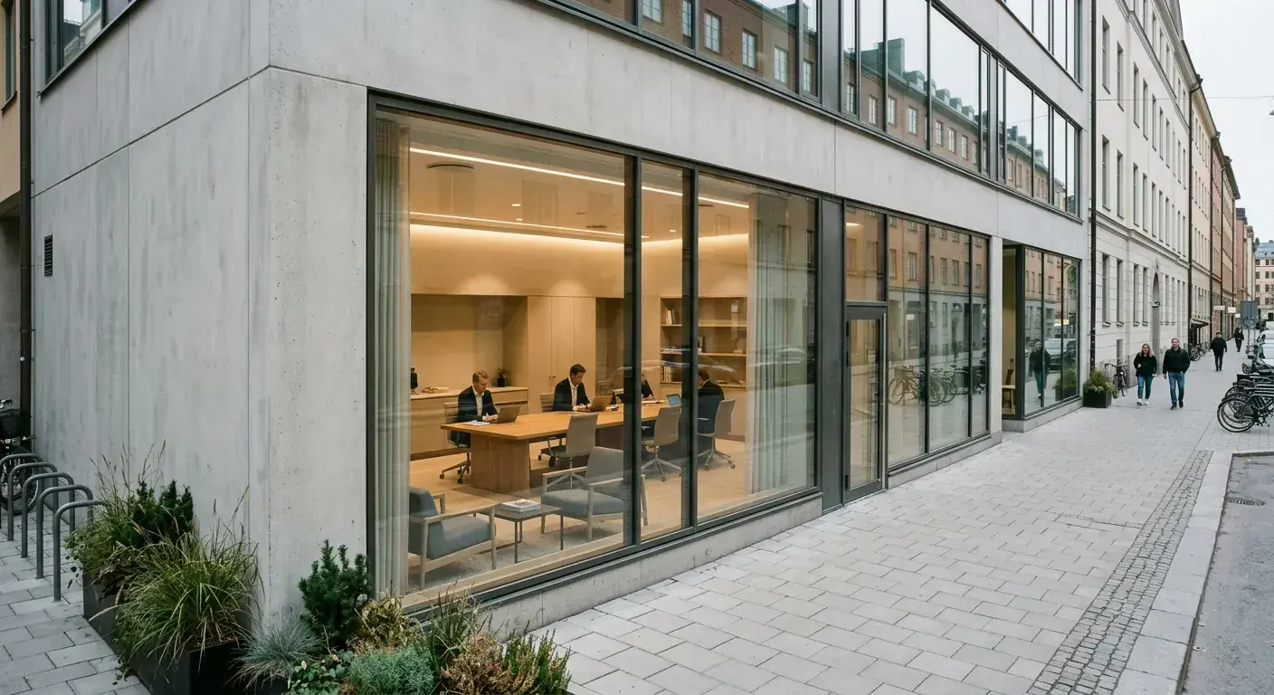 Moderne kontorlokale med store glassvinduer og arbeidsplasser innendørs.