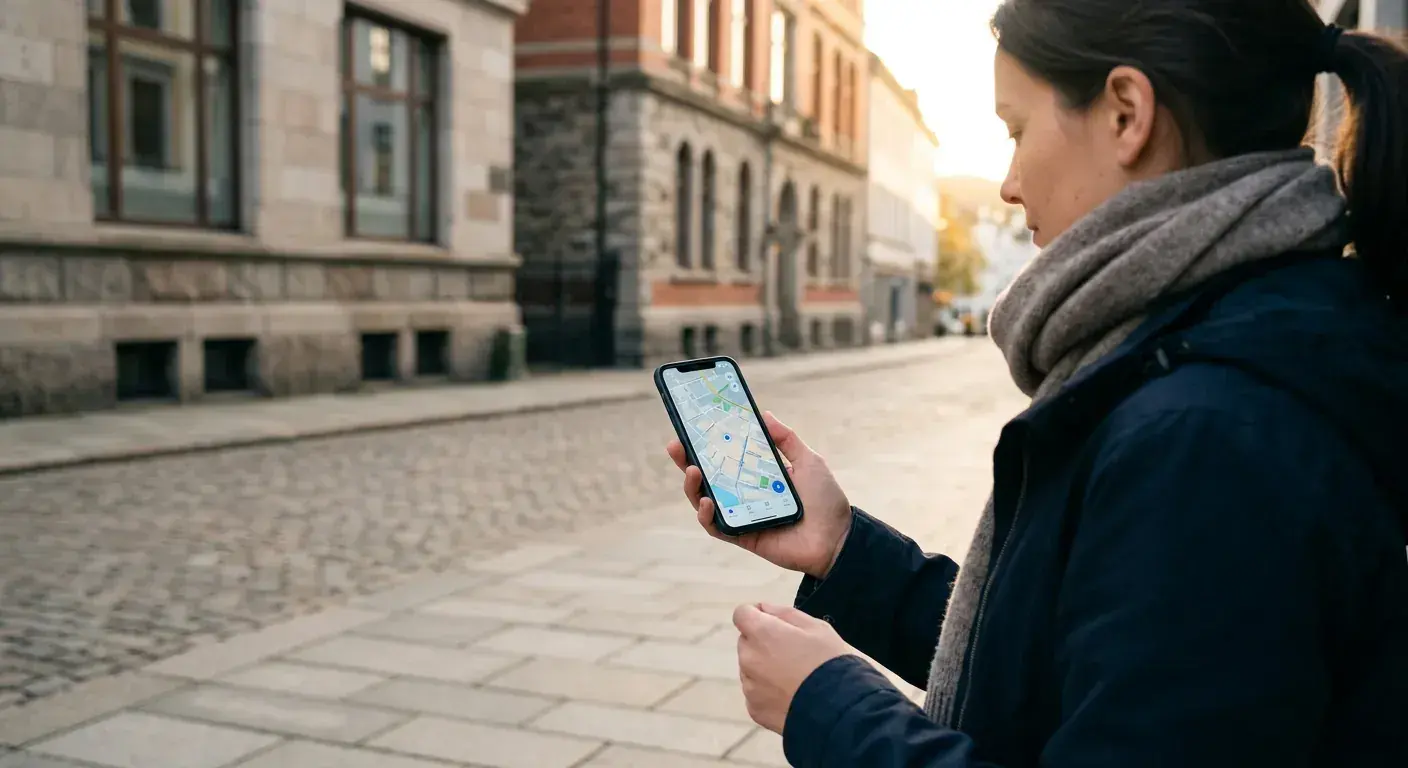 En person som bruker en smarttelefon for å navigere etter en lokal bedrift på et digitalt kart, med historiske bergenske murgårder i bakgrunnen