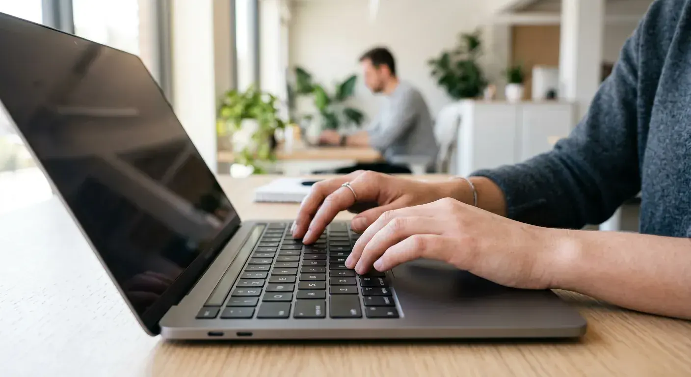 Nærbilde av hender som skriver på et tastatur, med et moderne, lyst verksted eller butikkinteriør synlig i bakgrunnen