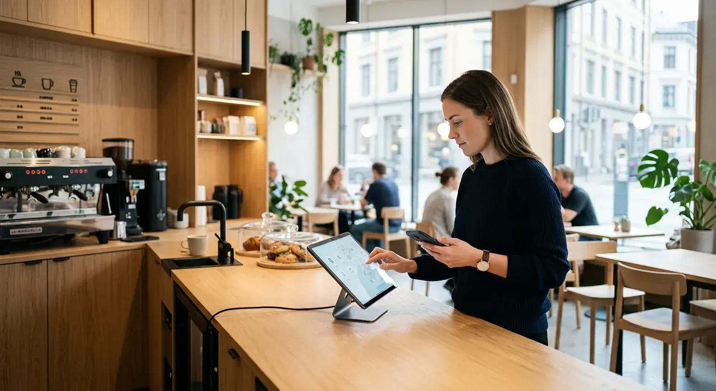 En travel, men godt organisert kaffebar i en travel handlegate i en norsk by, hvor en kunde bruker mobiltelefonen til å finne veien