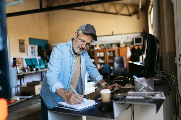 Mann skriver notater ved arbeidsbord i kontorlandskap.